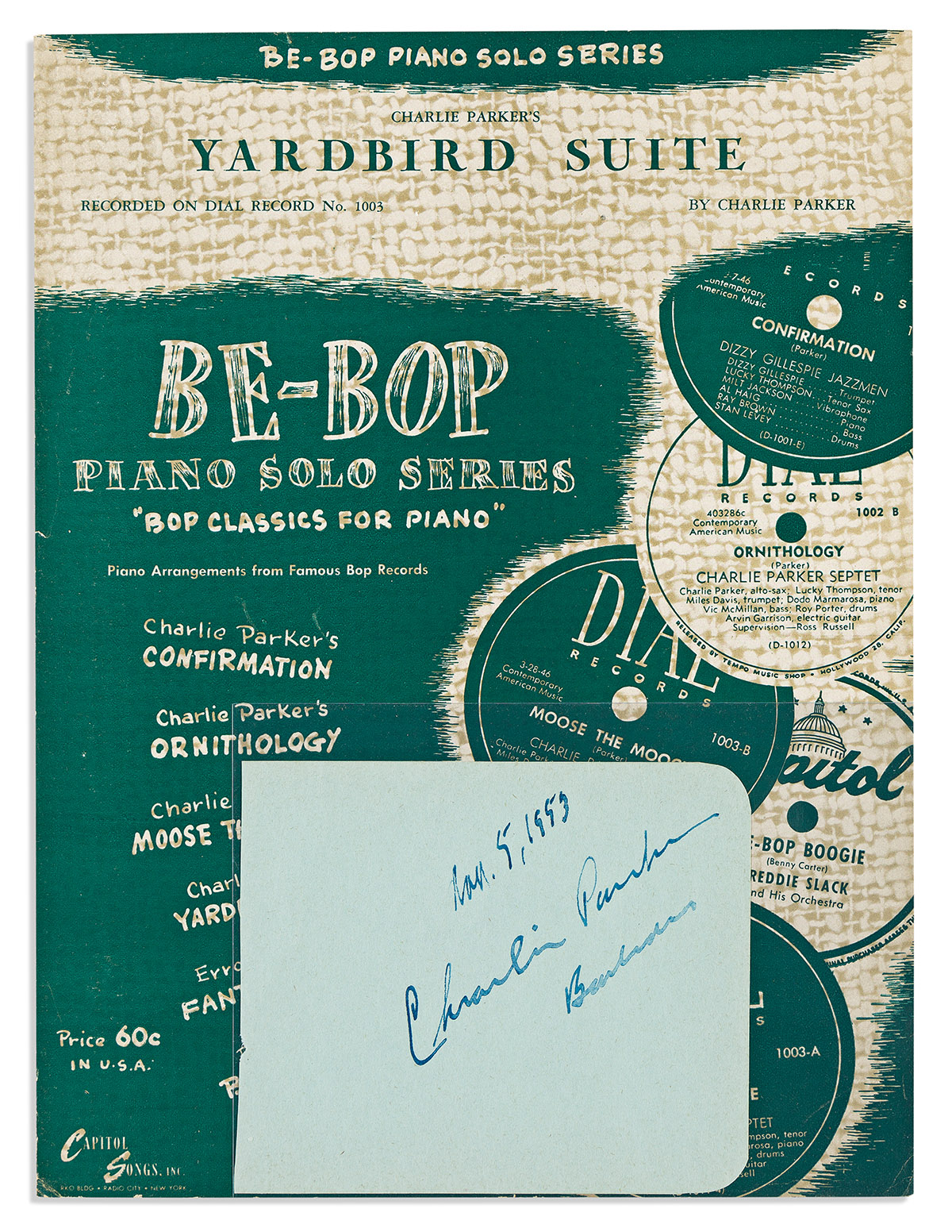 (ENTERTAINMENT--MUSIC.) Signed note by Charlie Parker.